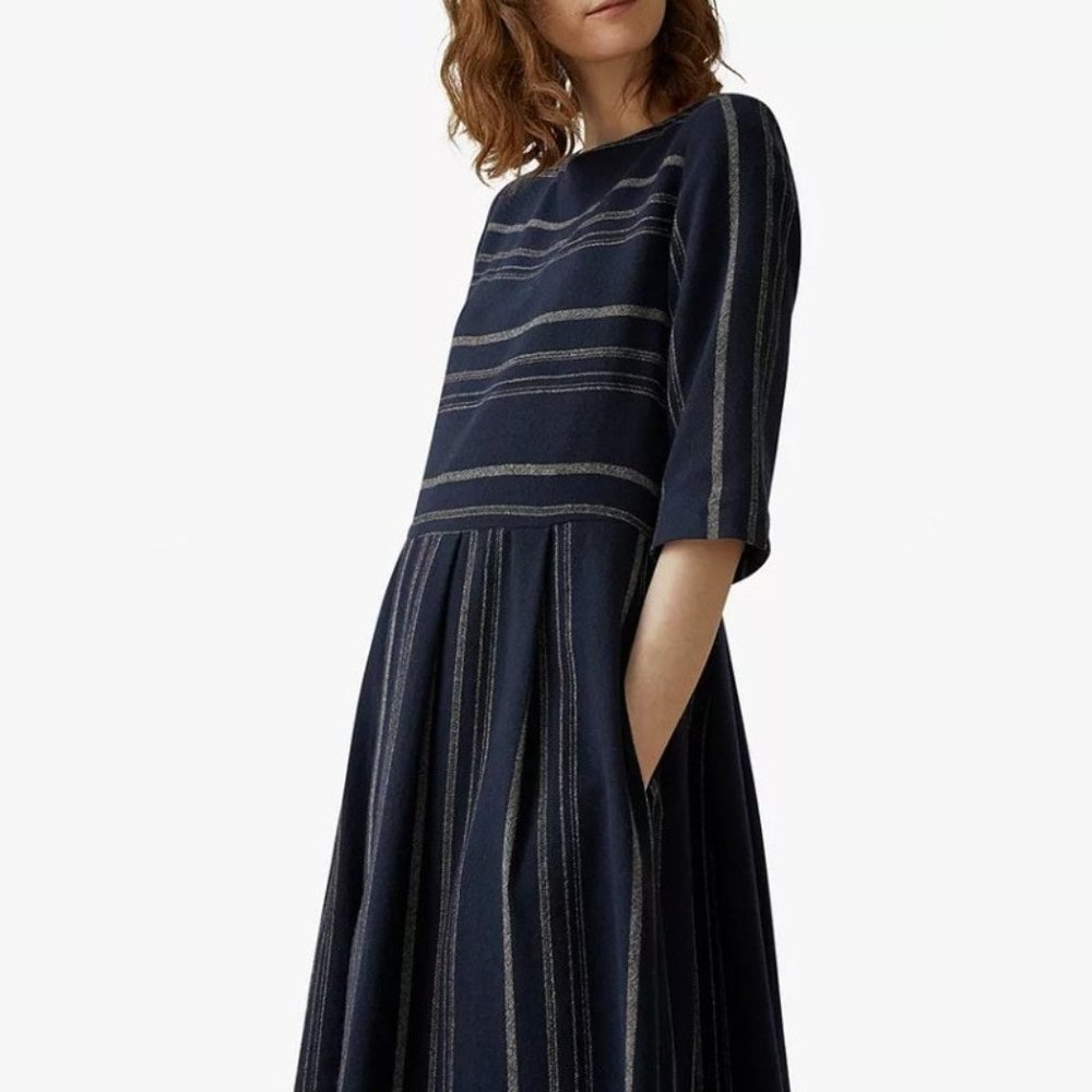 Toast Wool Gauze Moroccan Stripe Dress Navy Ecru US size 6 UK size 10 zip lined